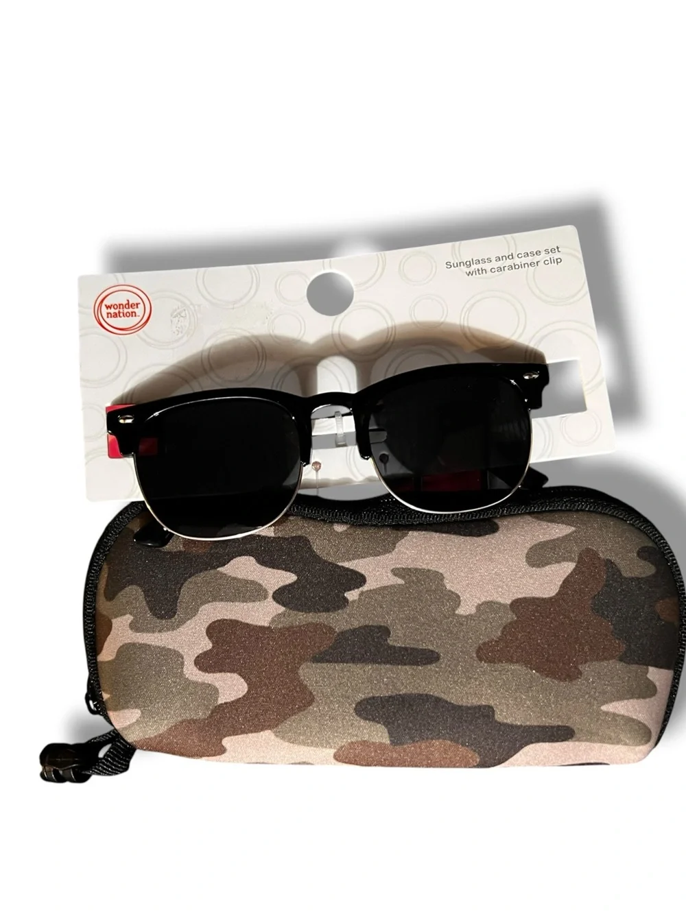NEW - Wonder Nation - Sunglasses With Case - Black Frames - Camo Print Case D-8